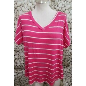 BomBom Top Size Medium Pink White Striped Rayon Spandex V Neck Short Sleeve